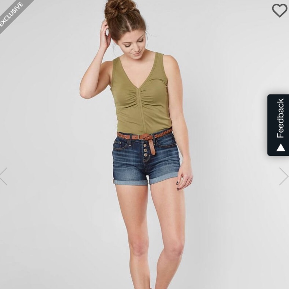 Buckle Gimmicks Shirred Ribbed Tank in Olive Green - Picture 2 of 10